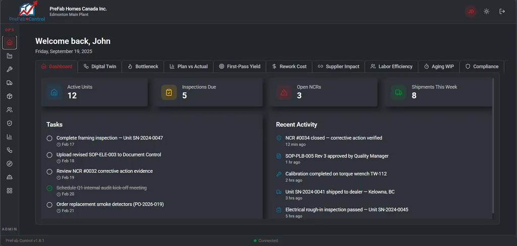 PreFabControl dashboard overview