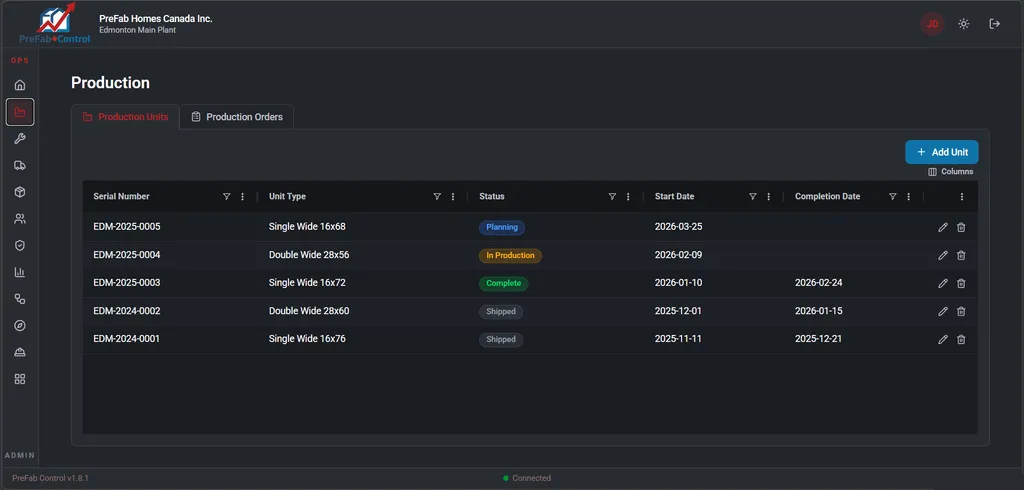 Production tracking in PreFabControl